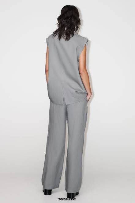 Zara vêtements P66V891 femmes pantalon évasé en lin mélangé gris