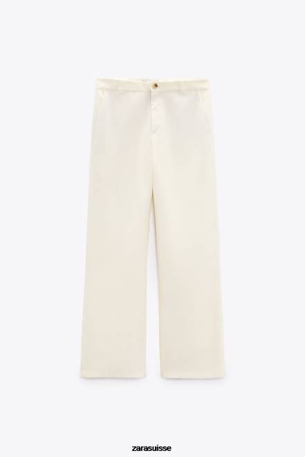 Zara vêtements P66V893 femmes pantalon évasé en lin mélangé vanille