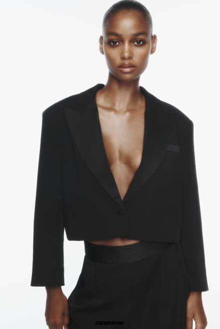 Zara vêtements P66V894 femmes blazer court effet satiné à revers noir