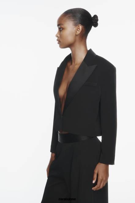 Zara vêtements P66V894 femmes blazer court effet satiné à revers noir