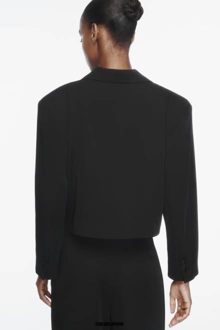 Zara vêtements P66V894 femmes blazer court effet satiné à revers noir
