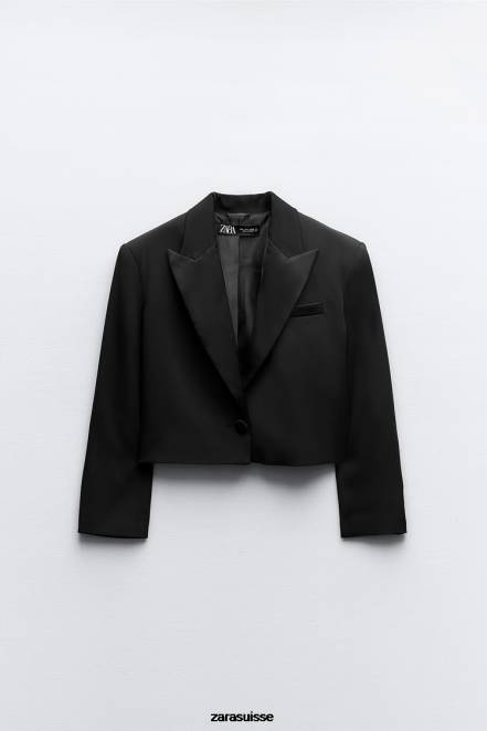 Zara vêtements P66V894 femmes blazer court effet satiné à revers noir