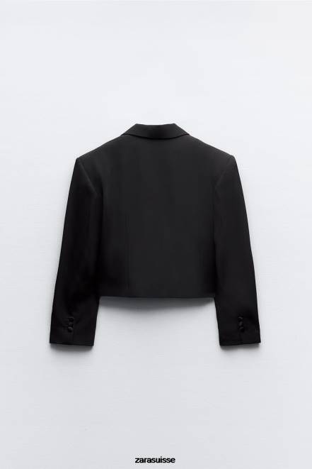Zara vêtements P66V894 femmes blazer court effet satiné à revers noir