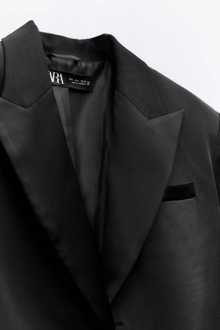Zara vêtements P66V894 femmes blazer court effet satiné à revers noir