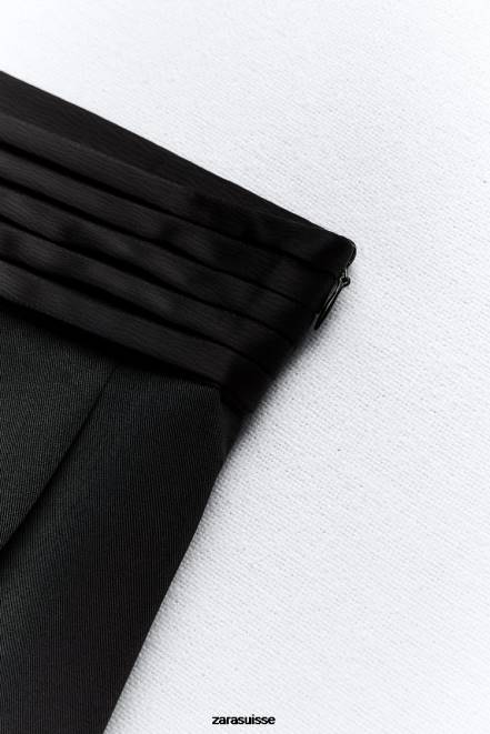 Zara vêtements P66V895 femmes pantalon large à taille effet satiné noir