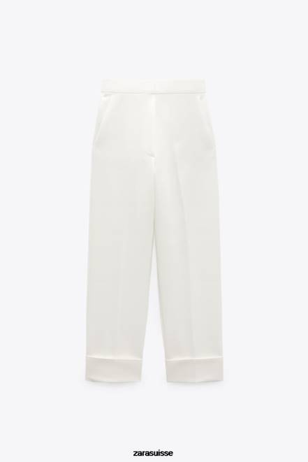 Zara vêtements P66V898 femmes pantalon droit à revers retroussés écru