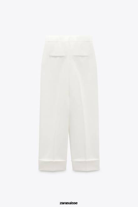 Zara vêtements P66V898 femmes pantalon droit à revers retroussés écru