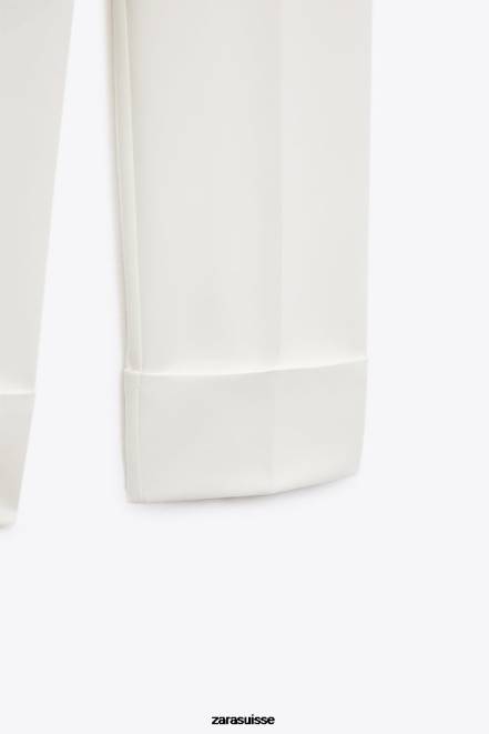 Zara vêtements P66V898 femmes pantalon droit à revers retroussés écru