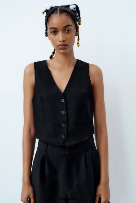 Zara vêtements P66V902 femmes gilet court en lin mélangé noir
