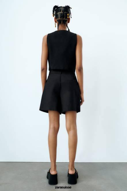 Zara vêtements P66V902 femmes gilet court en lin mélangé noir