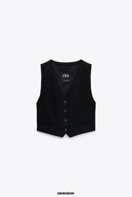 Zara vêtements P66V902 femmes gilet court en lin mélangé noir