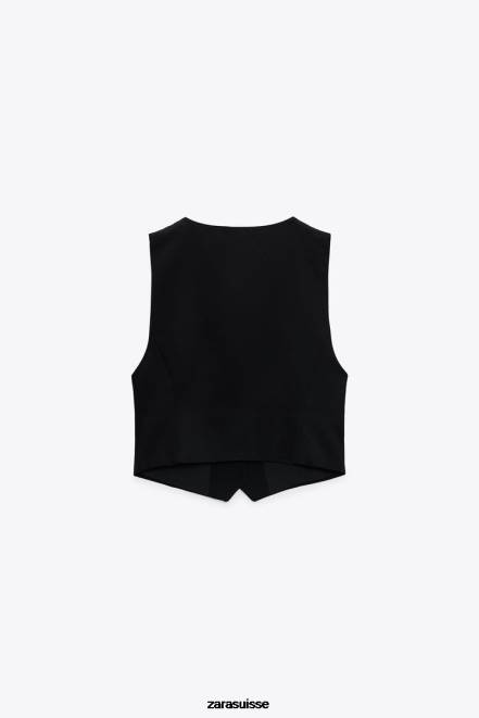 Zara vêtements P66V902 femmes gilet court en lin mélangé noir