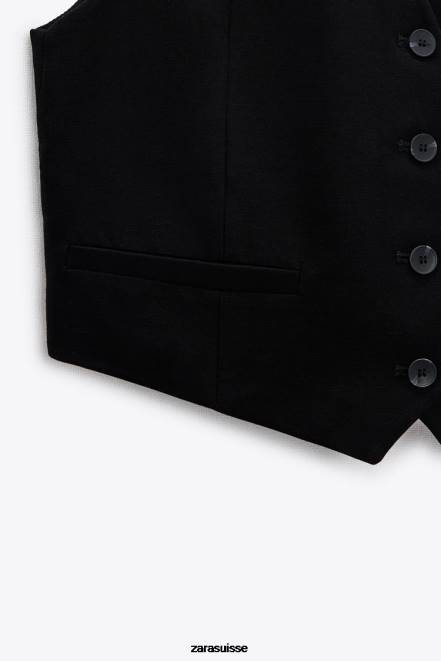 Zara vêtements P66V902 femmes gilet court en lin mélangé noir