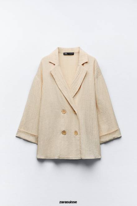 Zara vêtements P66V906 femmes blazer croisé effet froissé écru