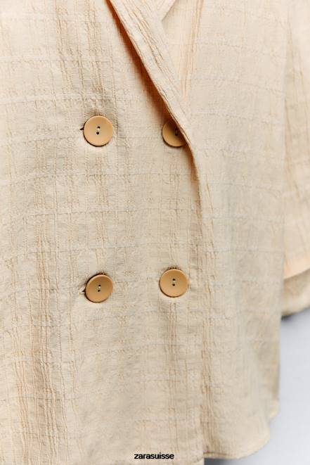 Zara vêtements P66V906 femmes blazer croisé effet froissé écru