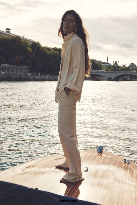 Zara vêtements P66V907 femmes pantalon droit effet froissé écru