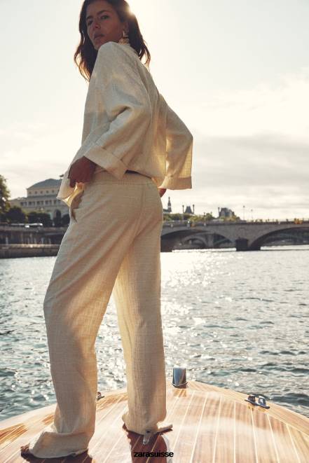 Zara vêtements P66V907 femmes pantalon droit effet froissé écru