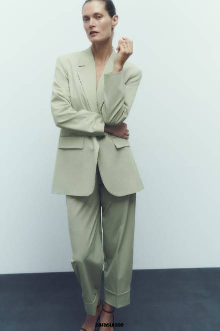 Zara vêtements P66V909 femmes pantalon droit à revers retroussés vert clair