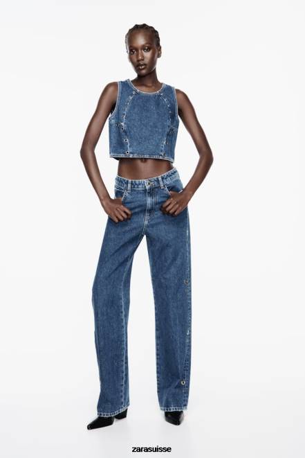 Zara vêtements P66V921 femmes Jean à anneau coupe droite pleine longueur taille haute z1975 bleu moyen
