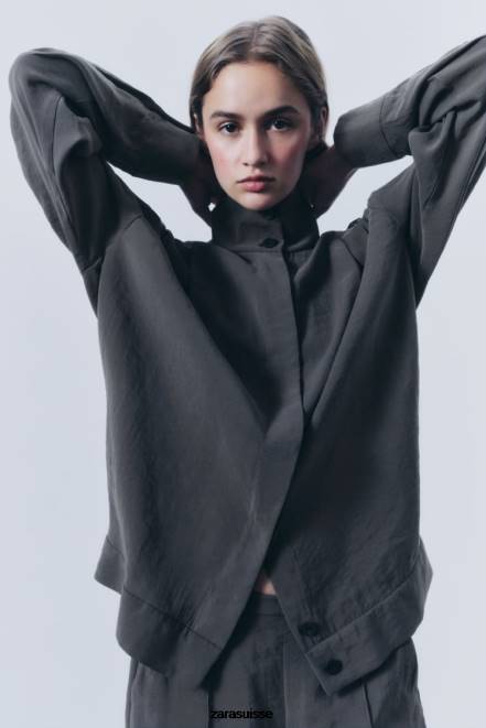 Zara vêtements P66V922 femmes surchemise plissée gris