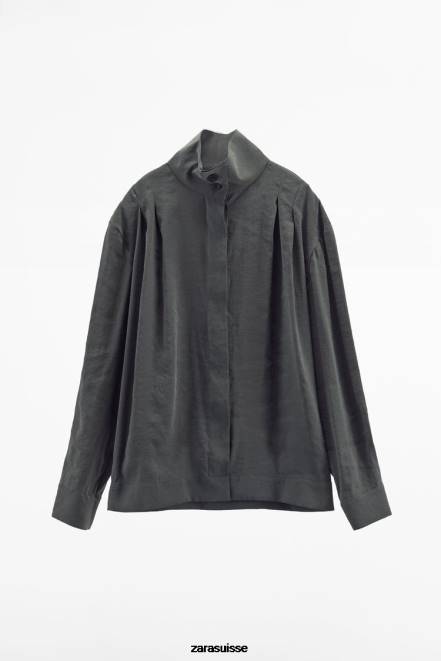 Zara vêtements P66V922 femmes surchemise plissée gris
