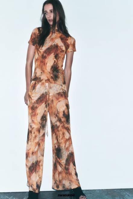 Zara vêtements P66V923 femmes haut plissé imprimé kaki