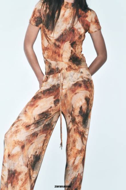 Zara vêtements P66V923 femmes haut plissé imprimé kaki