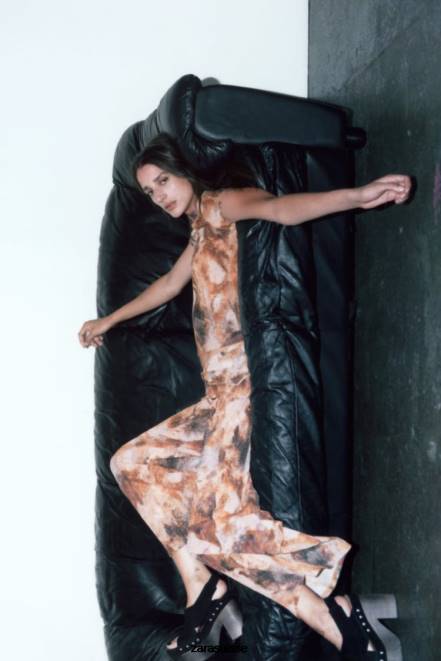 Zara vêtements P66V923 femmes haut plissé imprimé kaki