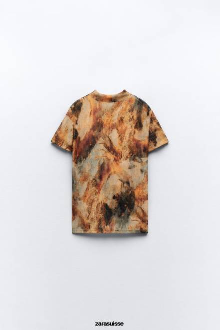 Zara vêtements P66V923 femmes haut plissé imprimé kaki