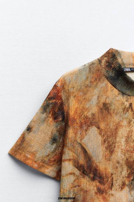 Zara vêtements P66V923 femmes haut plissé imprimé kaki