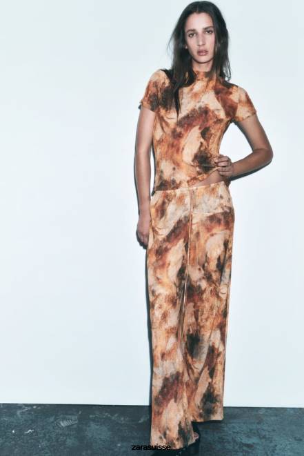 Zara vêtements P66V924 femmes pantalon imprimé avec plis kaki