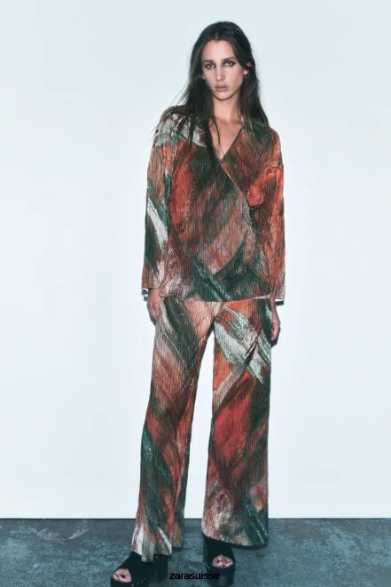 Zara vêtements P66V926 femmes pantalon plissé imprimé des oranges