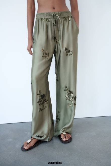 Zara vêtements P66V927 femmes pantalon effet satiné à sequins vert sauge