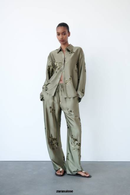 Zara vêtements P66V927 femmes pantalon effet satiné à sequins vert sauge