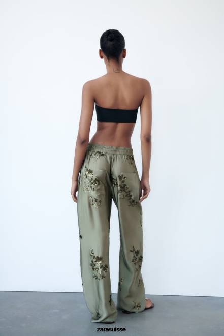 Zara vêtements P66V927 femmes pantalon effet satiné à sequins vert sauge