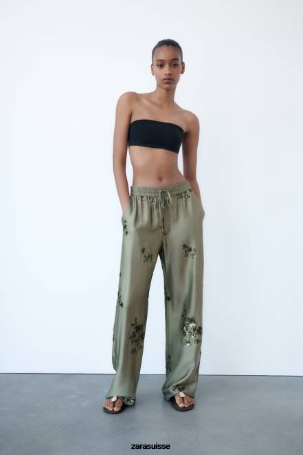 Zara vêtements P66V927 femmes pantalon effet satiné à sequins vert sauge