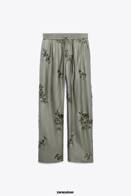 Zara vêtements P66V927 femmes pantalon effet satiné à sequins vert sauge