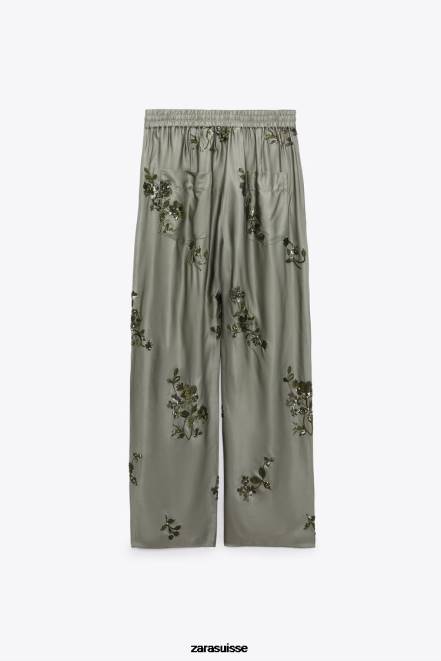 Zara vêtements P66V927 femmes pantalon effet satiné à sequins vert sauge