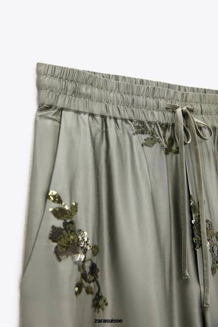Zara vêtements P66V927 femmes pantalon effet satiné à sequins vert sauge