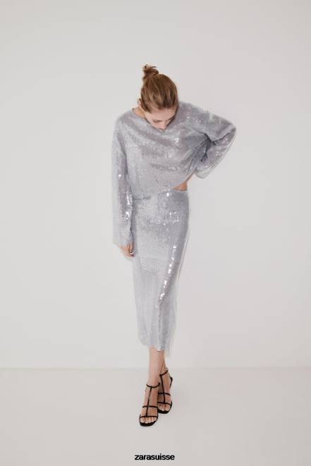 Zara vêtements P66V930 femmes t-shirt à sequins gris