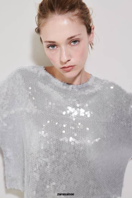 Zara vêtements P66V930 femmes t-shirt à sequins gris