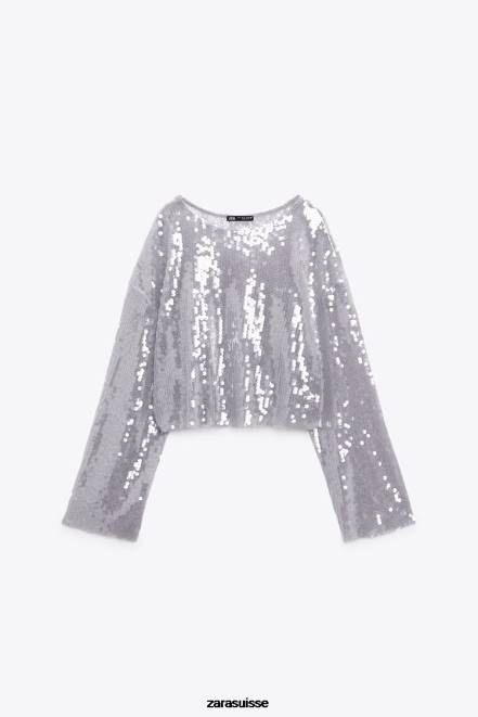 Zara vêtements P66V930 femmes t-shirt à sequins gris