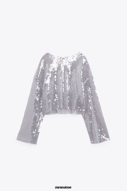 Zara vêtements P66V930 femmes t-shirt à sequins gris