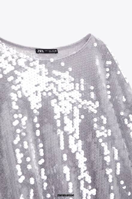 Zara vêtements P66V930 femmes t-shirt à sequins gris