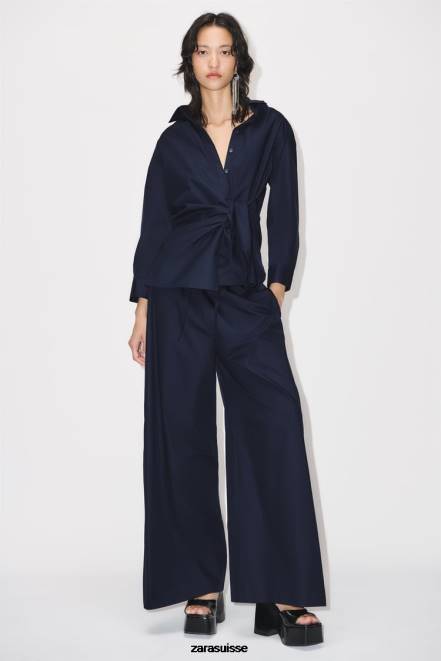 Zara vêtements P66V931 femmes pantalon large en popeline bleu marine