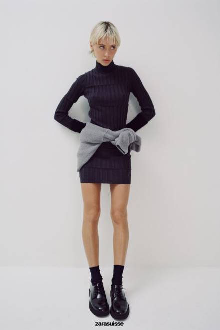 Zara vêtements P66V227 femmes robe en maille côtelée à col montant gris anthracite