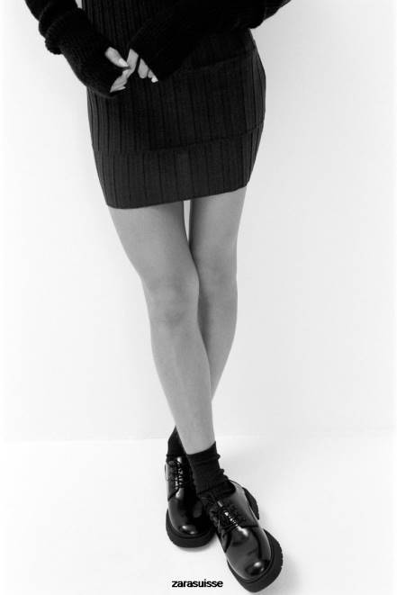 Zara vêtements P66V227 femmes robe en maille côtelée à col montant gris anthracite