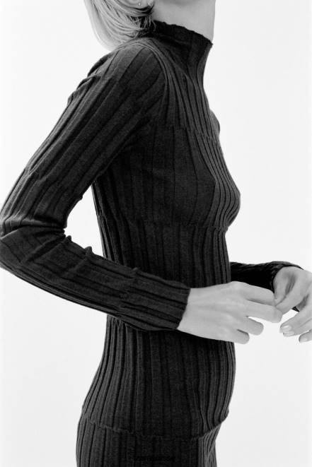 Zara vêtements P66V227 femmes robe en maille côtelée à col montant gris anthracite