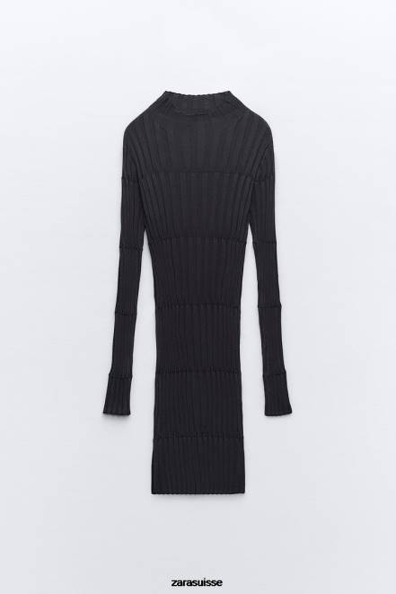 Zara vêtements P66V227 femmes robe en maille côtelée à col montant gris anthracite