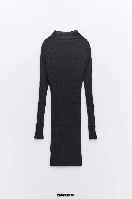Zara vêtements P66V227 femmes robe en maille côtelée à col montant gris anthracite